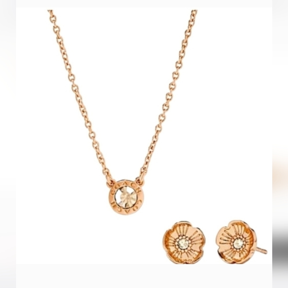 COACH Open Circle Necklace and Tea Rose Stud Earring Set Rose Gold